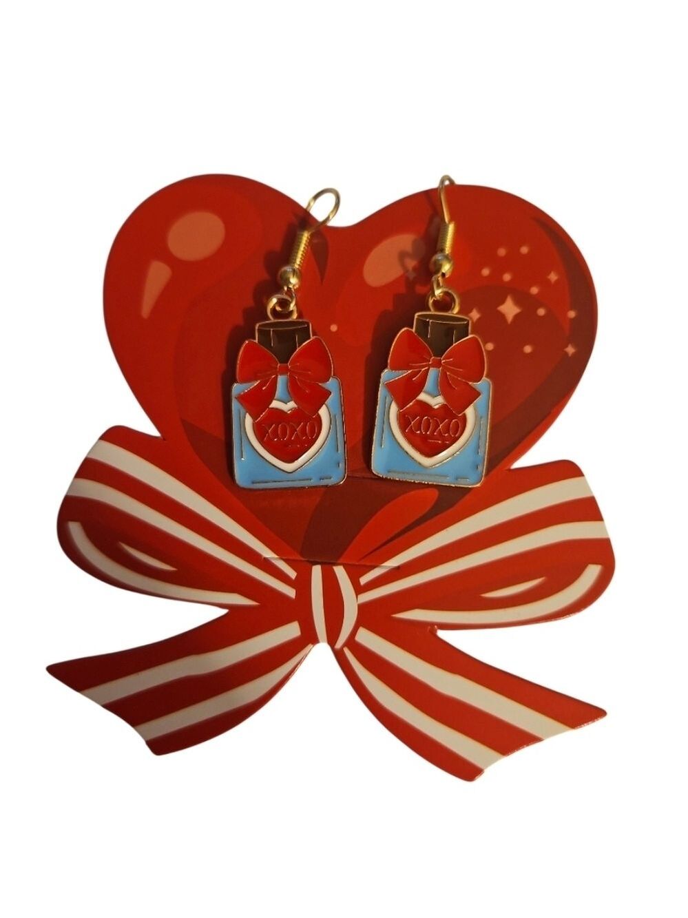 Handmade Crochet White Heart-Shaped Acrylic Earrings with Red and Blue Accents
